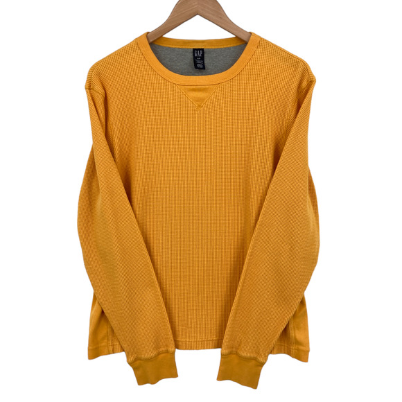 Gap Waffle Knit Thermal Mens Small Yellow Long Raglan Sleeve Crew Neck Pullover - Picture 8 of 12